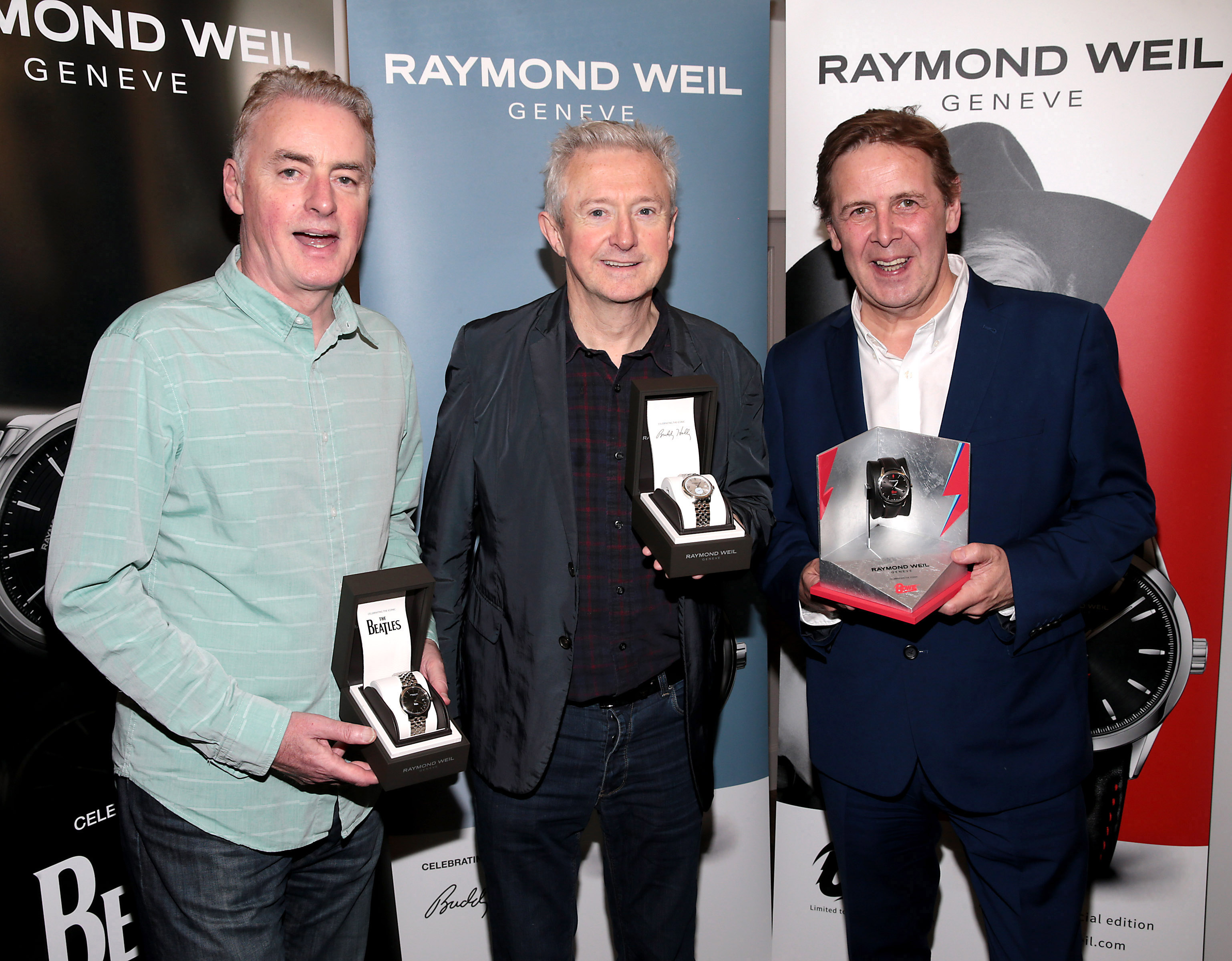Dave Fanning  with his  Raymond Weil  Limited Edition  Maestro The Beatles Abbey Road watch,Louis Walsh with his  Raymond Weil  Limited Edition maestro watch which pays tribute to legendary musician Buddy Holly and  Ian Dempsey with his  Raymond Weil  Limited Edition freelancer David Bowie watch  featuring the lightning bolt that was painted across his face which first appeared on the cover of the Aladdin Sane album in 1973 at Weirs Grafton Street ,Dublin ,

Picture Brian McEvoy
No Repro fee for one use 

RAYMOND WEIL CELEBRATES THE GENIUS OF THREE LEGENDARY MUSIC REPERTOIRES   DAVID BOWIE, THE BEATLES & BUDDY HOLLY WITH THREE ICONS OF THE IRISH MUSIC INDUSTRY LOUIS WALSH, IAN DEMPSEY AND DAVE FANNING

 

Renowned Swiss luxury watchmaker RAYMOND WEIL is paying homage to the holy trinity of music icons David Bowie, The Beatles and Buddy Holly with the release of three exclusive limited edition timepieces.  To mark the launch of these signature pieces, Craig Leach, Brand Director of RAYMOND WEIL presented three Icons of the Irish music industry with their Heros watches - Louis Walsh with Buddy Holly; Ian Dempsey with David Bowie and Dave Fanning with The Beatles, in Weir & Sons, Grafton Street, Dublin.

 

An impresario of the contemporary music scene, Louiss roots are in the guitar rifts of Buddy Holly, globally recognised as the pioneer of Rock nRoll. RAYMOND WEIL in collaboration with his wife Maria Elena Holly, has designed the Limited Edition maestro which pays tribute to legendary musician Buddy Holly.

 

A lifelong fan of David Bowie, Ian Dempsey proved his devotion to him when as part of last years Today FMs Dare To Care campaign, he got a black star tattooed on his arm as a tribute to David Bowie whose last album was titled Black Star.RAYMOND WEIL presented Ian with the freelancer David Bowie featuring the lightning bolt that was painted across his face which first appeared on the cover of the Aladdin Sane album in 1973.

 

Dave Fanning, an