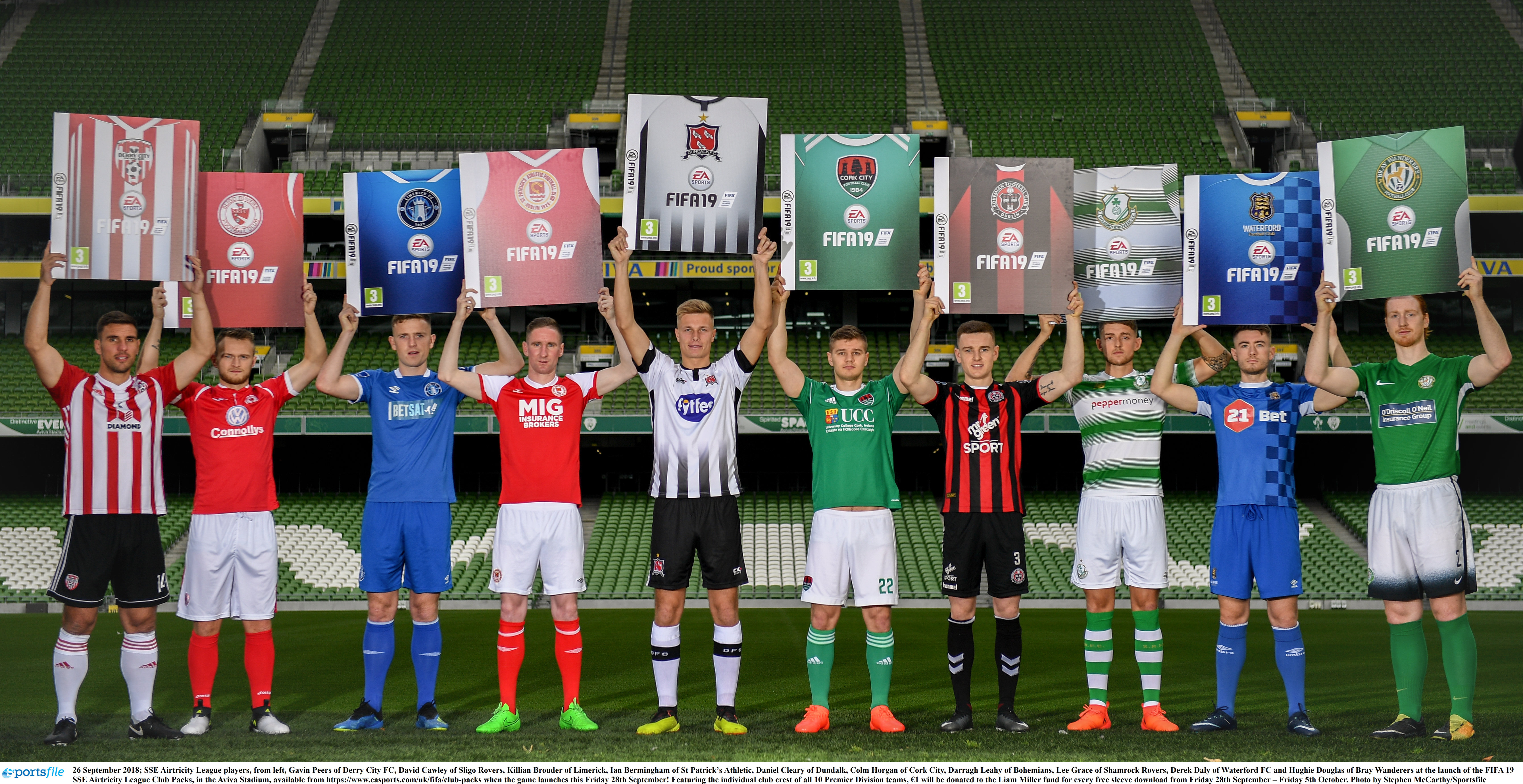 26 September 2018; SSE Airtricity League players, from left, Gavin Peers of Derry City FC, David Cawley of Sligo Rovers, Killian Brouder of Limerick, Ian Bermingham of St Patricks Athletic, Daniel Cleary of Dundalk, Colm Horgan of Cork City, Darragh Leahy of Bohemians, Lee Grace of Shamrock Rovers, Derek Daly of Waterford FC and Hughie Douglas of Bray Wanderers at the launch of the FIFA 19 SSE Airtricity League Club Packs, in the Aviva Stadium, available from https://www.easports.com/uk/fifa/club-packs when the game launches this Friday 28th September! Featuring the individual club crest of all 10 Premier Division teams, 1 will be donated to the Liam Miller fund for every free sleeve download from Friday 28th September  Friday 5th October. Photo by Stephen McCarthy/Sportsfile