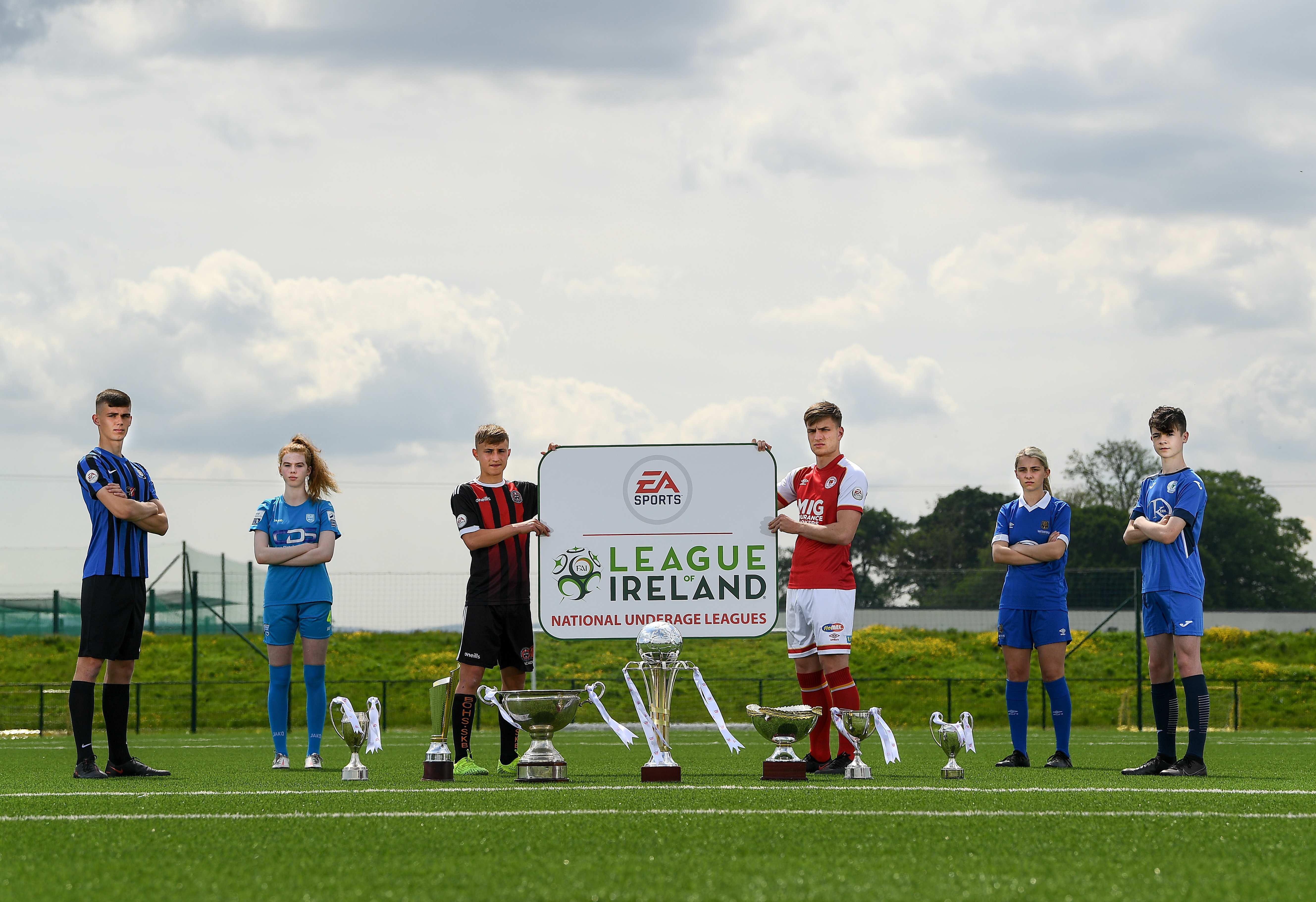 31 May 2021; Pictured, from left, Kian Hogan of Athlone Town, Chloe McCarthy of DLR Waves, Danny McGrath of Bohemians, Cian Kelly of St Patrick's Athletic, Niamh O'Keeffe of Waterford and Colum Doherty of Finn Harps at the EA Sports Underage League Launch at the FAI National Training Centre in Abbotstown, Dublin. Photo by Harry Murphy/Sportsfile *** NO REPRODUCTION FEE ***