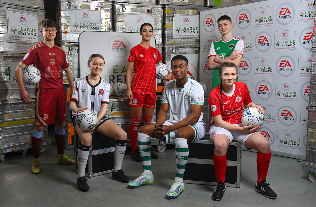 23 February 2022; The EA SPORTS National Underage Leagues 2022 season launch took place today at FAI Headquarters in Abbotstown, Dublin. The new season is set to start on the week ending Sunday, March 6. Pictured are, from left, Jacob Carroll of Galway United, Aidomo Emakhu of Shamrock Rovers, Emma Ring of Shelbourne, Ciara White of Dundalk, Liam Murray of Cork City, and Sophie Quinn of Sligo Rovers. Photo by Seb Daly/Sportsfile